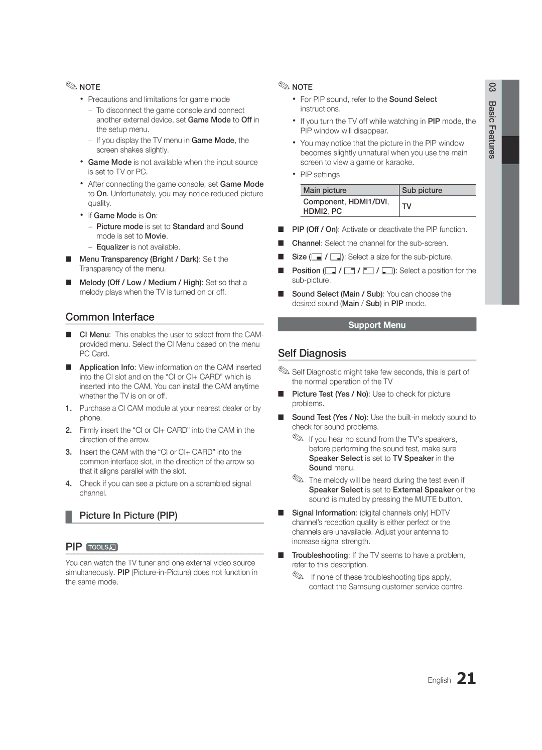 Samsung UE26C4000PWXZT, UE22C4010PWXXN manual Common Interface, PIP t, Self Diagnosis, Picture In Picture PIP, Support Menu 