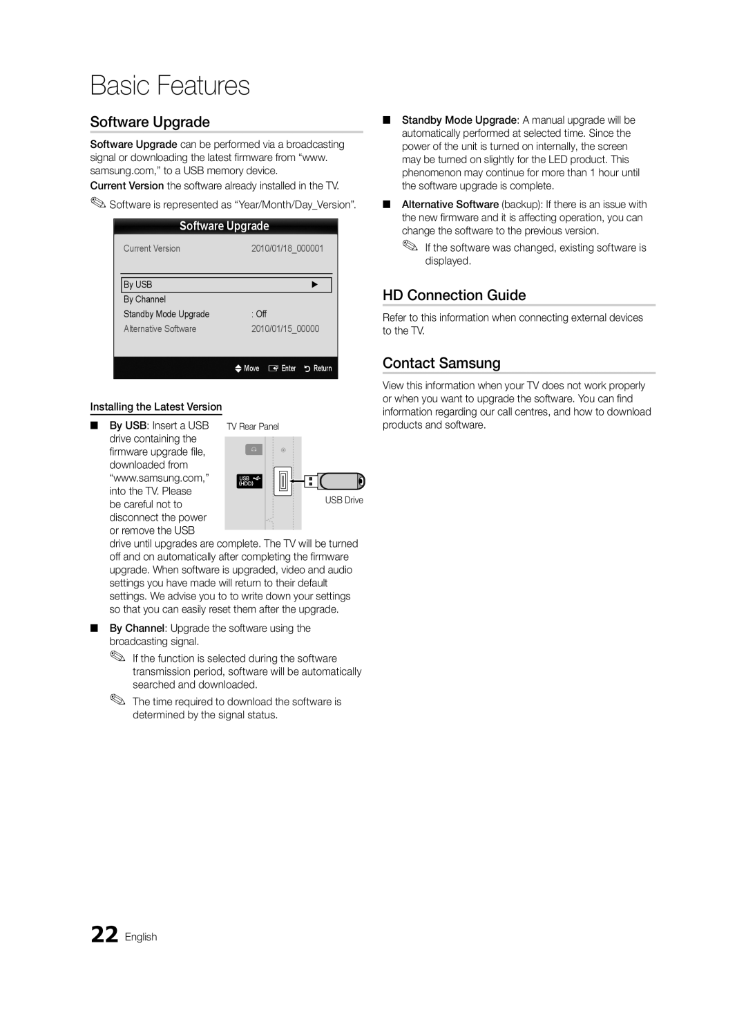 Samsung UE22C4000PWXXH, UE22C4010PWXXN, UE26C4000PWXZG manual Software Upgrade, HD Connection Guide, Contact Samsung 