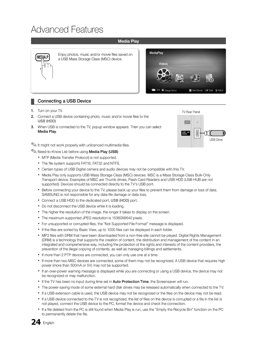 Samsung UE22C4010PWXXN manual Connecting a USB Device, Media Play, Enjoy photos, music and/or movie fi les saved on 
