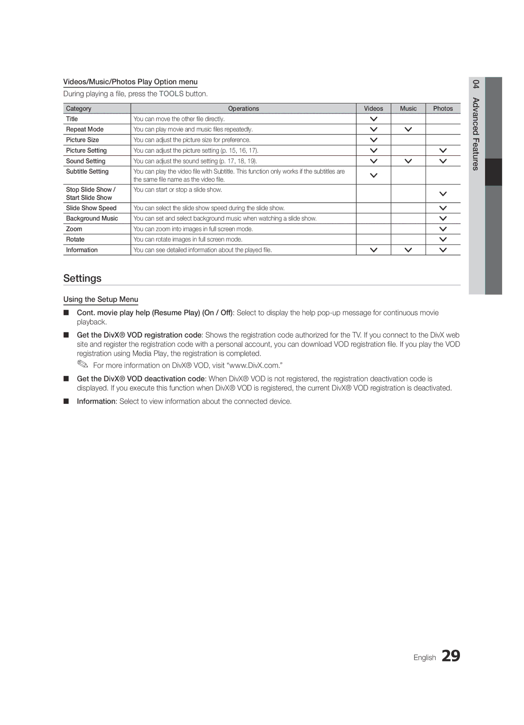 Samsung UE22C4010PWXZG manual Settings, Videos/Music/Photos Play Option menu, Press the Tools button, During playing a file 