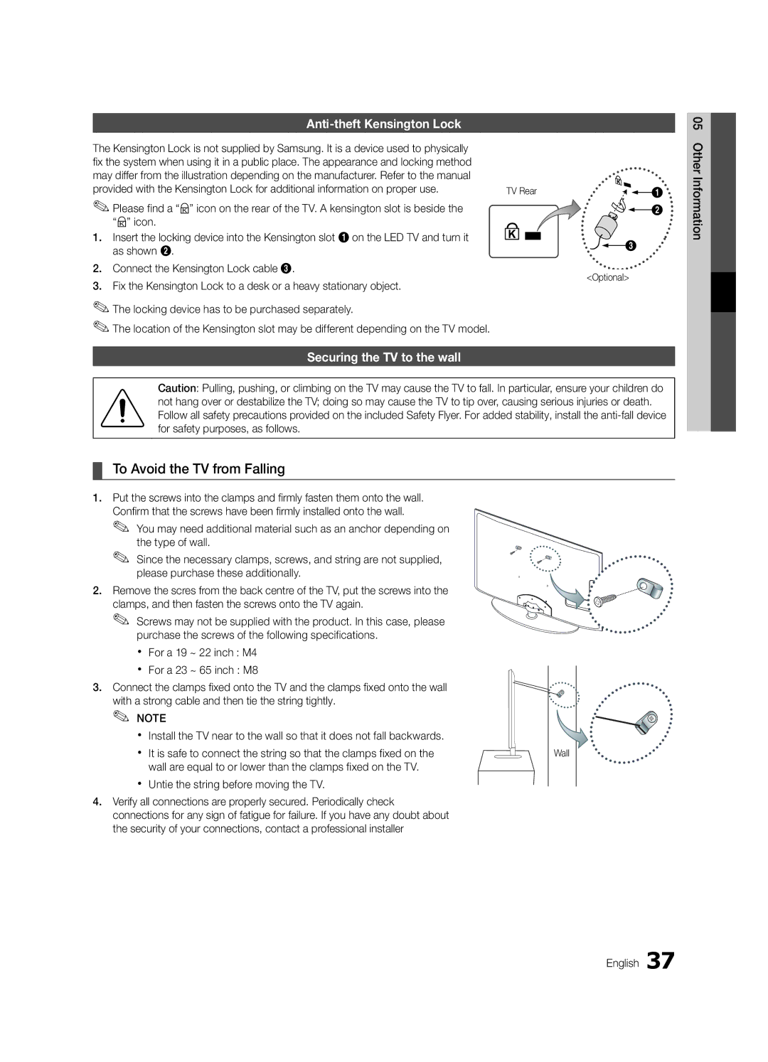 Samsung UE26C4000PWXZG To Avoid the TV from Falling, Anti-theft Kensington Lock, Securing the TV to the wall, TV Rear 