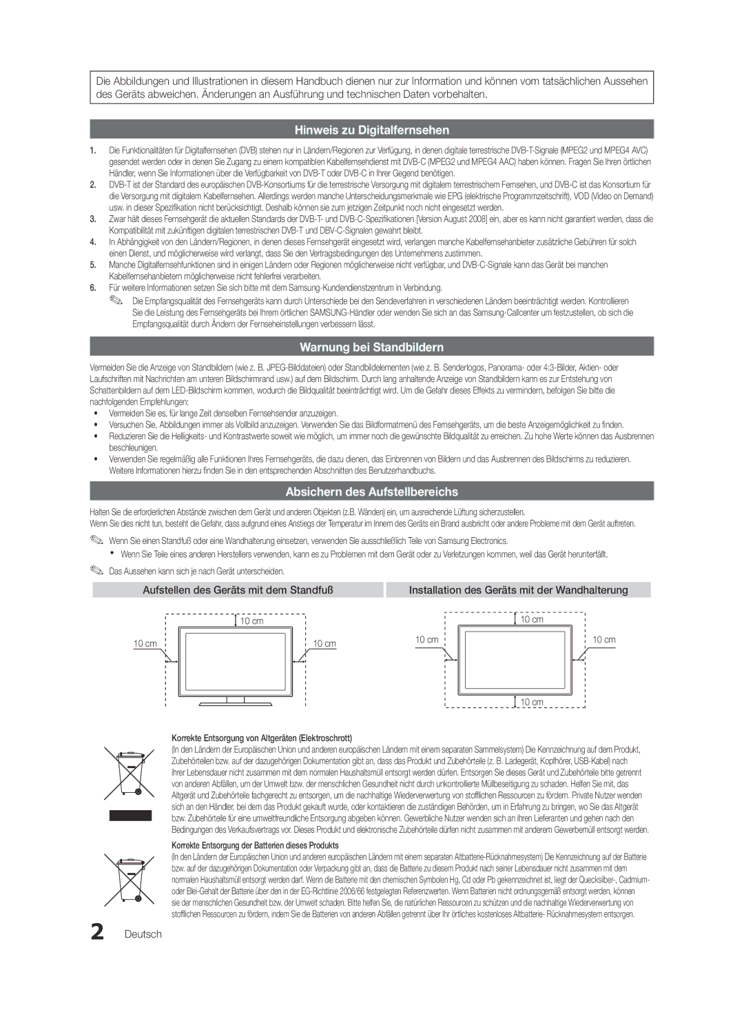 Samsung UE22C4000PWXZT, UE22C4010PWXXN Absichern des Aufstellbereichs, Aufstellen des Geräts mit dem Standfuß, Deutsch 