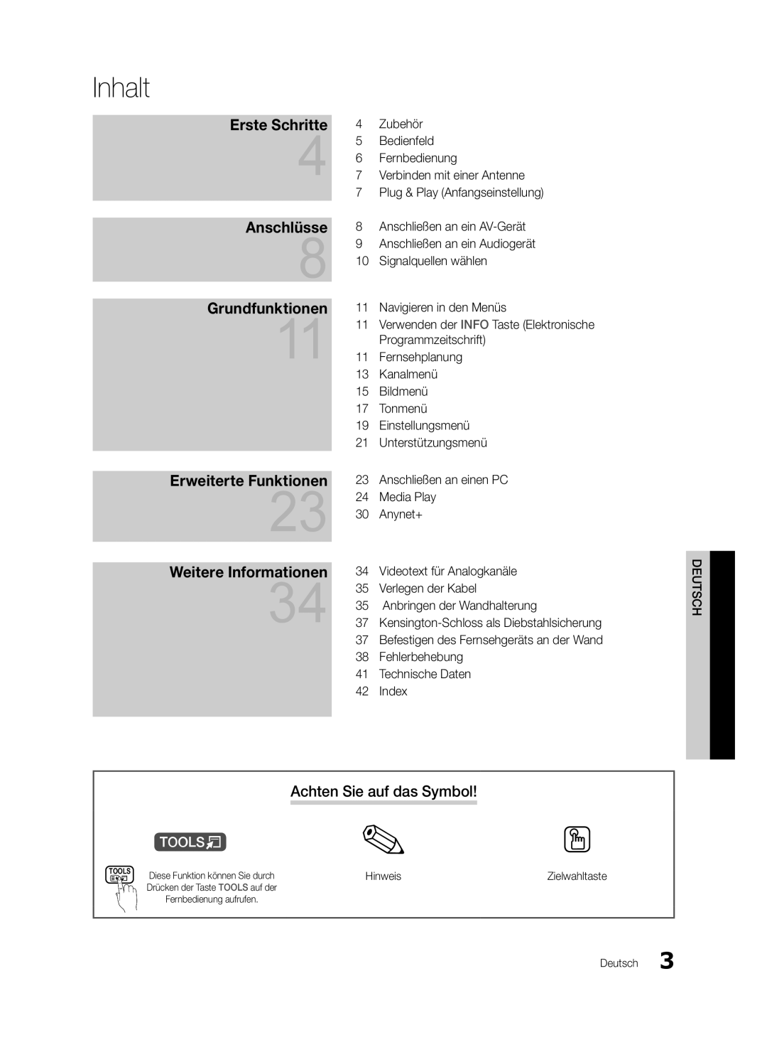 Samsung UE26C4000PWXZT, UE22C4010PWXXN, UE26C4000PWXZG manual Inhalt, Achten Sie auf das Symbol, Hinweis, Zielwahltaste 