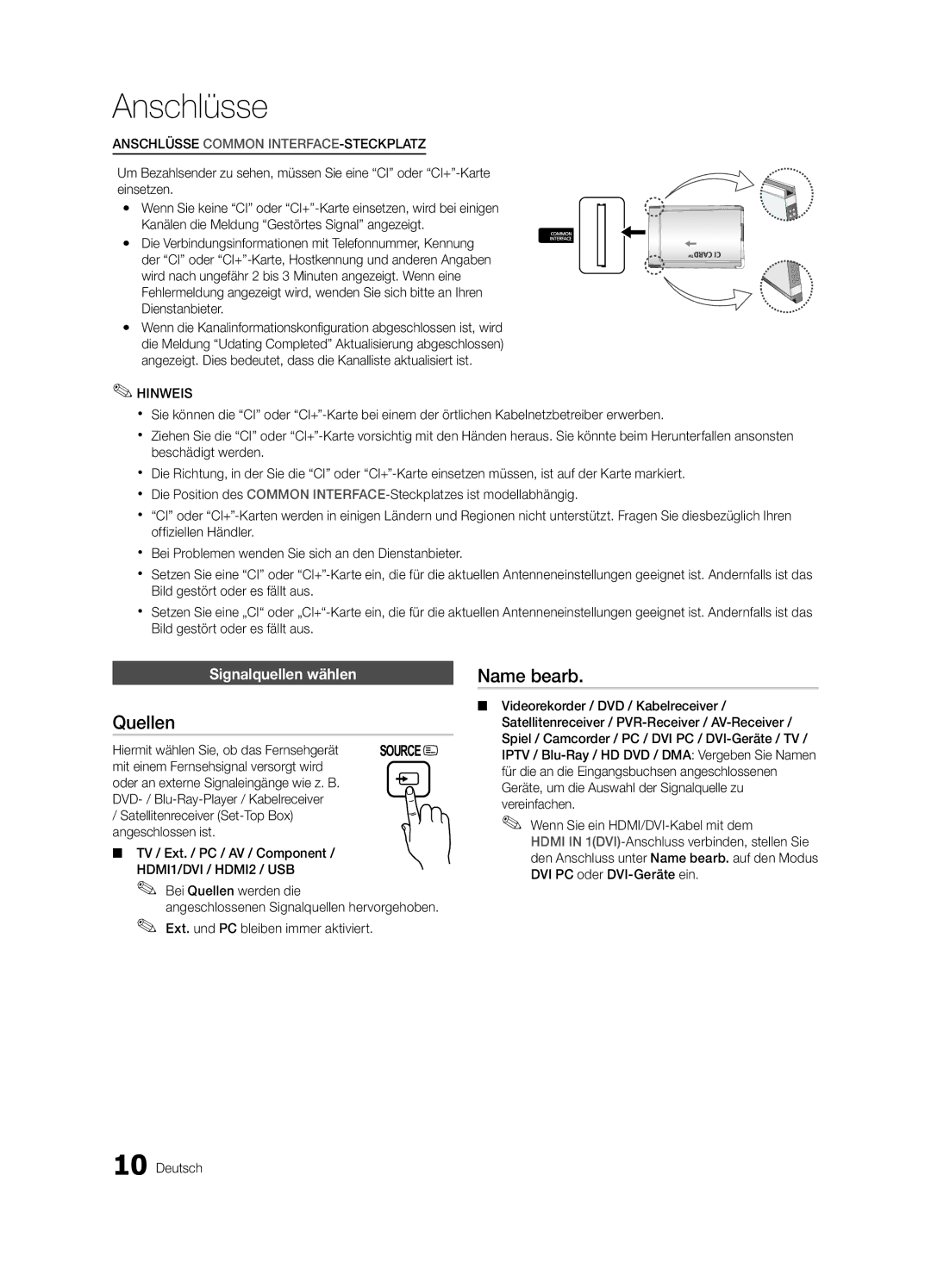 Samsung UE22C4000PWXZG, UE22C4010PWXXN Quellen, Name bearb, Signalquellen wählen, Hiermit wählen Sie, ob das Fernsehgerät 