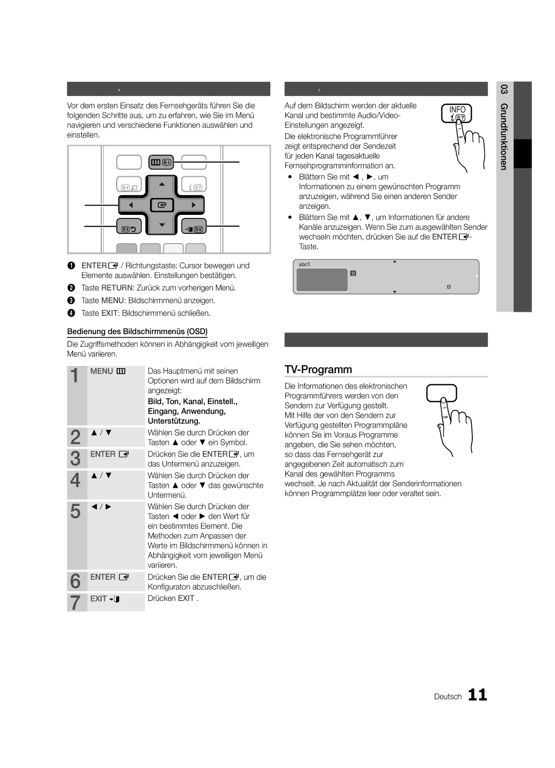 Samsung UE22C4010PWXZG, UE22C4010PWXXN manual Grundfunktionen, TV-Programm, Navigieren in den Menüs, Fernsehplanung 