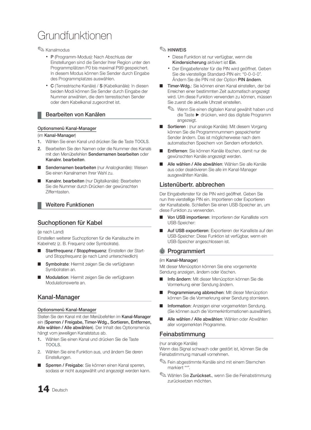 Samsung UE22C4000PWXZT, UE22C4010PWXXN manual Suchoptionen für Kabel, Listenübertr. abbrechen, Programmiert, Feinabstimmung 