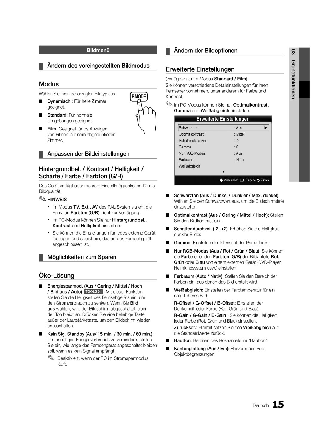 Samsung UE26C4000PWXZT, UE22C4010PWXXN, UE26C4000PWXZG, UE26C4000PWXXN manual Modus, Öko-Lösung, Erweiterte Einstellungen 