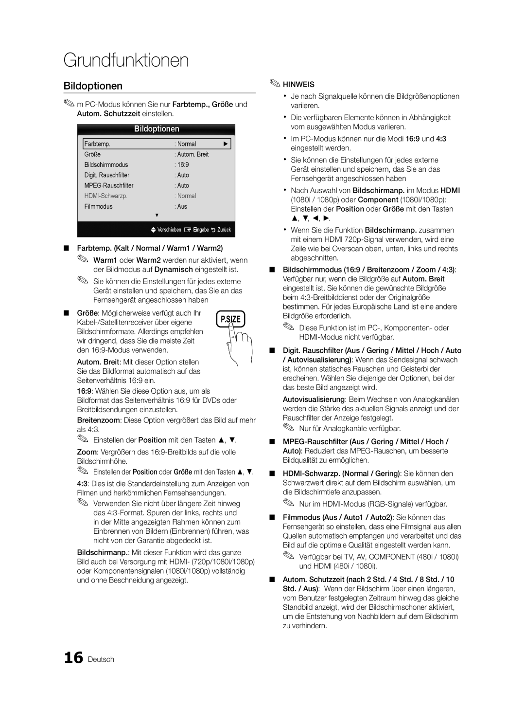 Samsung UE22C4000PWXXH, UE22C4010PWXXN, UE26C4000PWXZG Bildoptionen, Farbtemp. Kalt / Normal / Warm1 / Warm2, Filmmodus Aus 