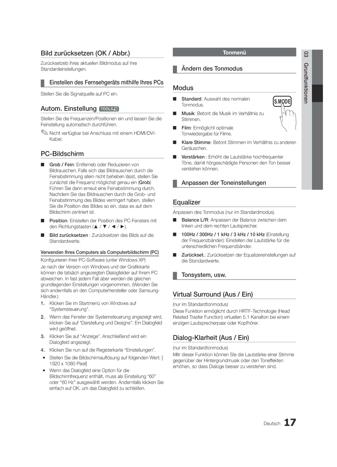 Samsung UE26C4000PWXXH manual Bild zurücksetzen OK / Abbr, Autom. Einstellung t, PC-Bildschirm, Virtual Surround Aus / Ein 