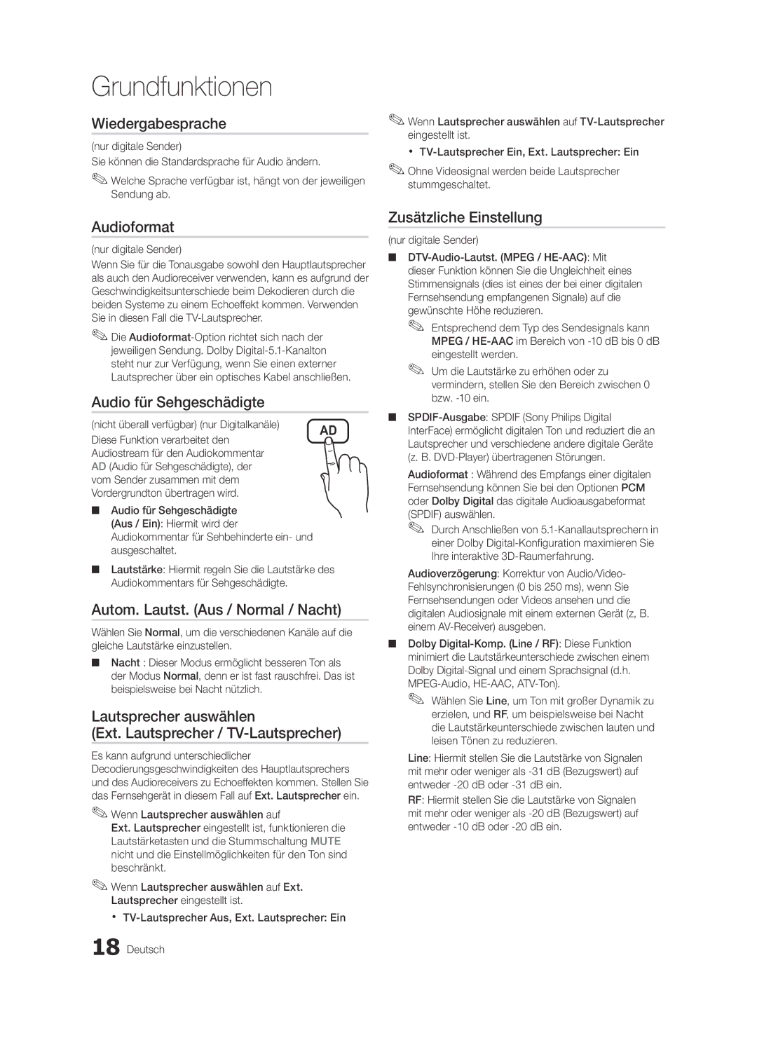 Samsung UE22C4010PWXXN manual Wiedergabesprache, Audioformat, Audio für Sehgeschädigte, Autom. Lautst. Aus / Normal / Nacht 