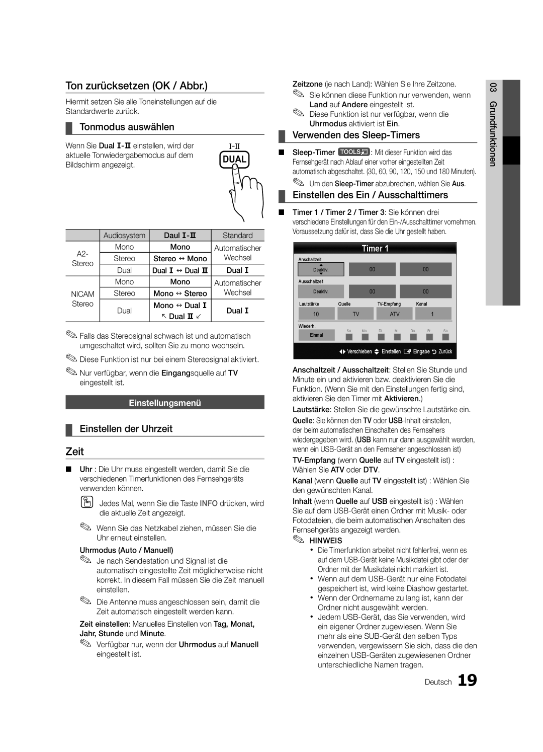 Samsung UE26C4000PWXZG, UE22C4010PWXXN, UE26C4000PWXXN, UE22C4000PWXXN, UE22C4000PWXZG manual Ton zurücksetzen OK / Abbr, Zeit 