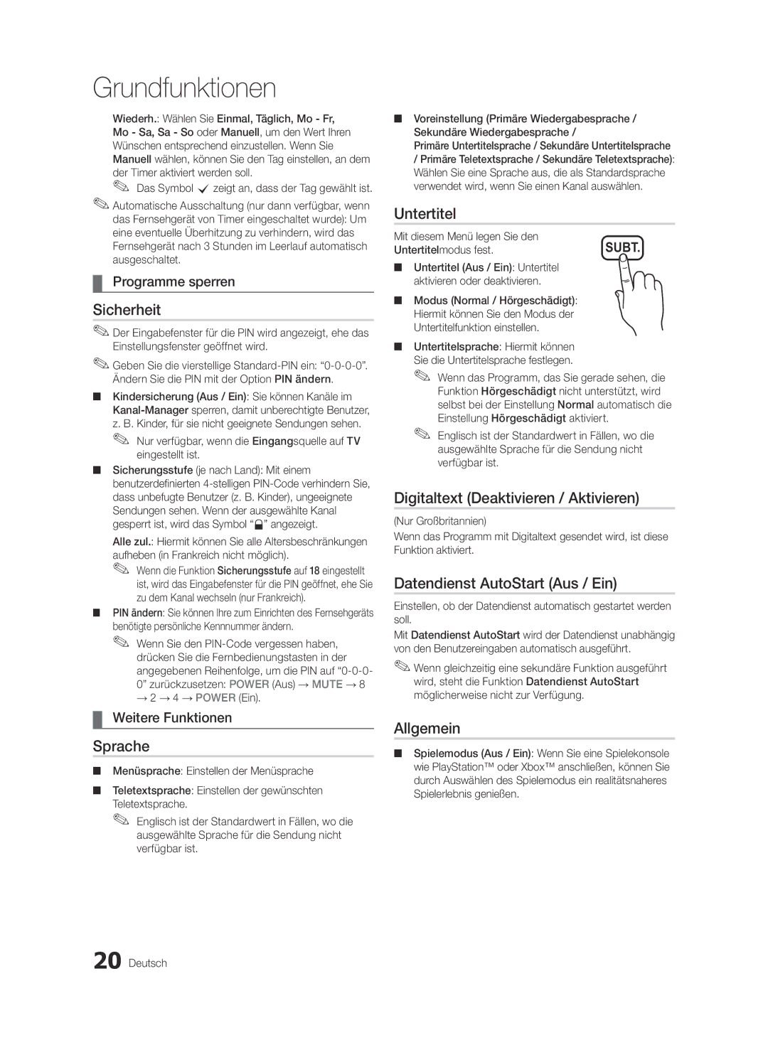 Samsung UE26C4000PWXXN, UE22C4010PWXXN Sicherheit, Sprache, Untertitel, Digitaltext Deaktivieren / Aktivieren, Allgemein 