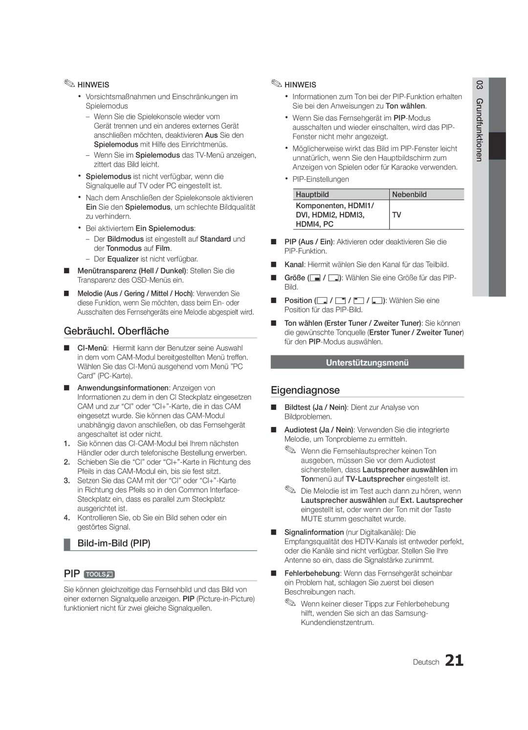 Samsung UE22C4000PWXXN, UE22C4010PWXXN manual Gebräuchl. Oberfläche, Eigendiagnose, Bild-im-Bild PIP, Unterstützungsmenü 