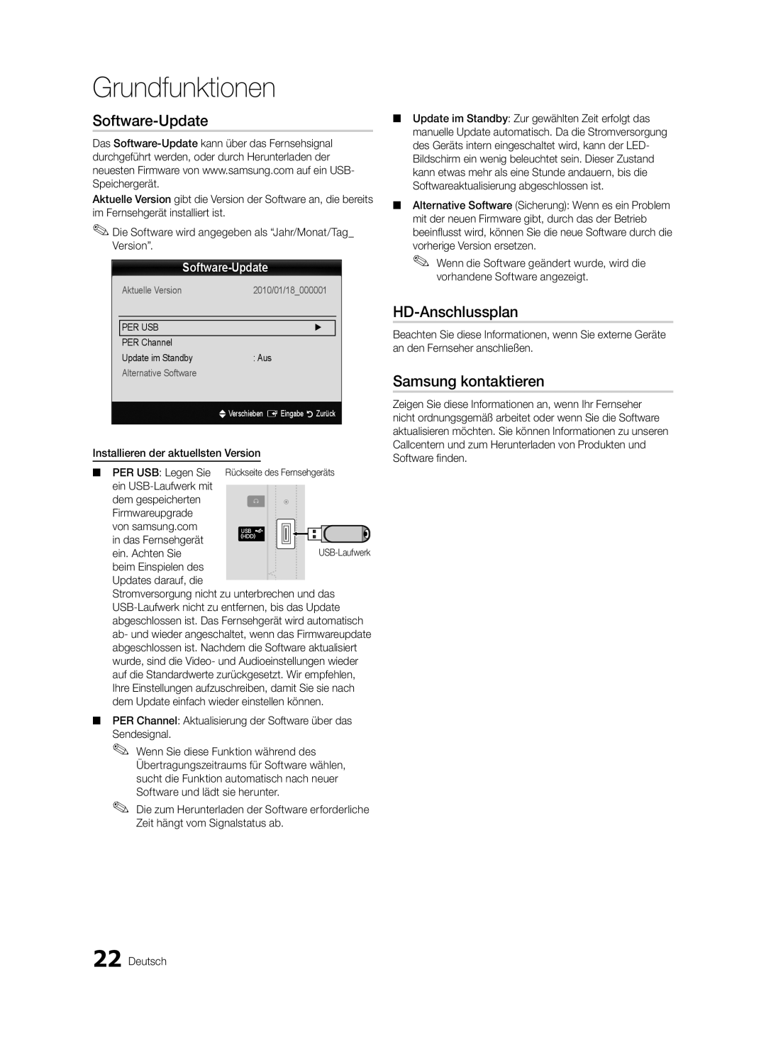 Samsung UE22C4000PWXZG, UE22C4010PWXXN, UE26C4000PWXZG manual Software-Update, HD-Anschlussplan, Samsung kontaktieren 