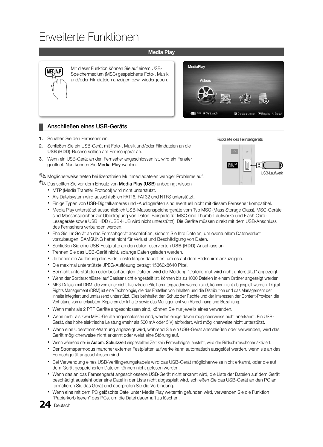 Samsung UE26C4000PWXXC manual Mit dieser Funktion können Sie auf einem USB, Speichermedium MSC gespeicherte Foto-, Musik 