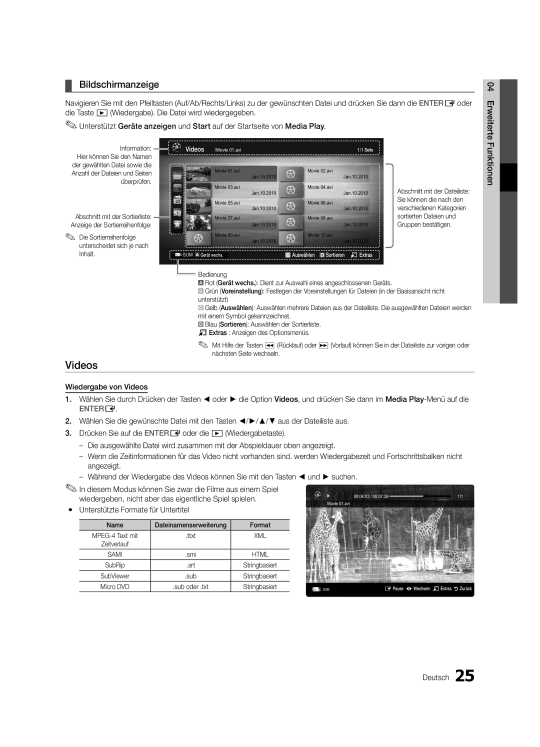 Samsung UE22C4010PWXZT, UE22C4010PWXXN manual Bildschirmanzeige, Die Sortierreihenfolge unterscheidet sich je nach Inhalt 