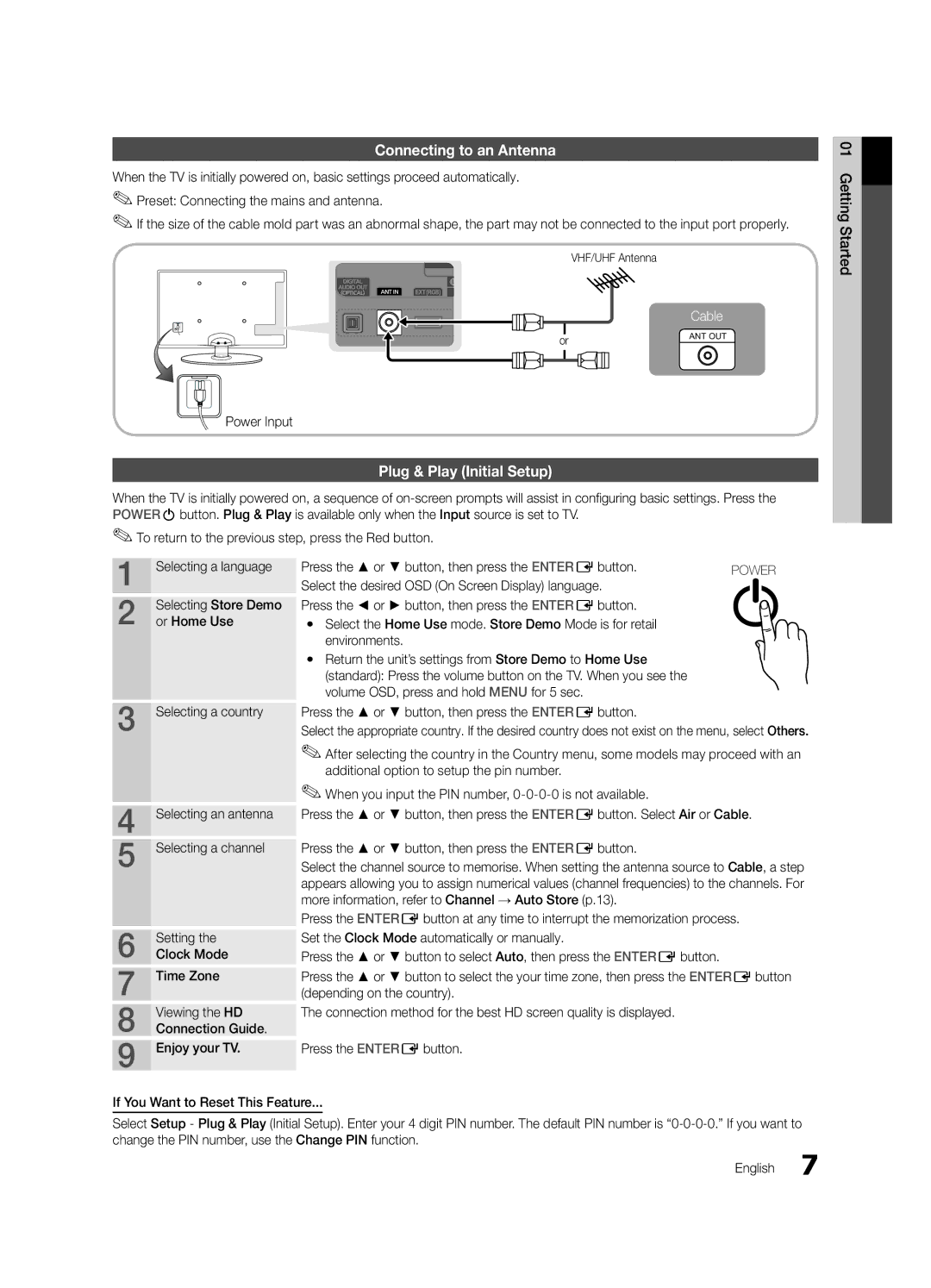 Samsung UE22C4010PWXZT, UE22C4010PWXXN, UE26C4000PWXZG, UE26C4000PWXXN Connecting to an Antenna, Plug & Play Initial Setup 