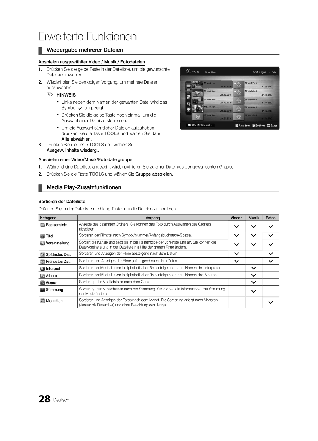 Samsung UE22C4000PWXXH, UE22C4010PWXXN, UE26C4000PWXZG manual Wiedergabe mehrerer Dateien, Media Play-Zusatzfunktionen 