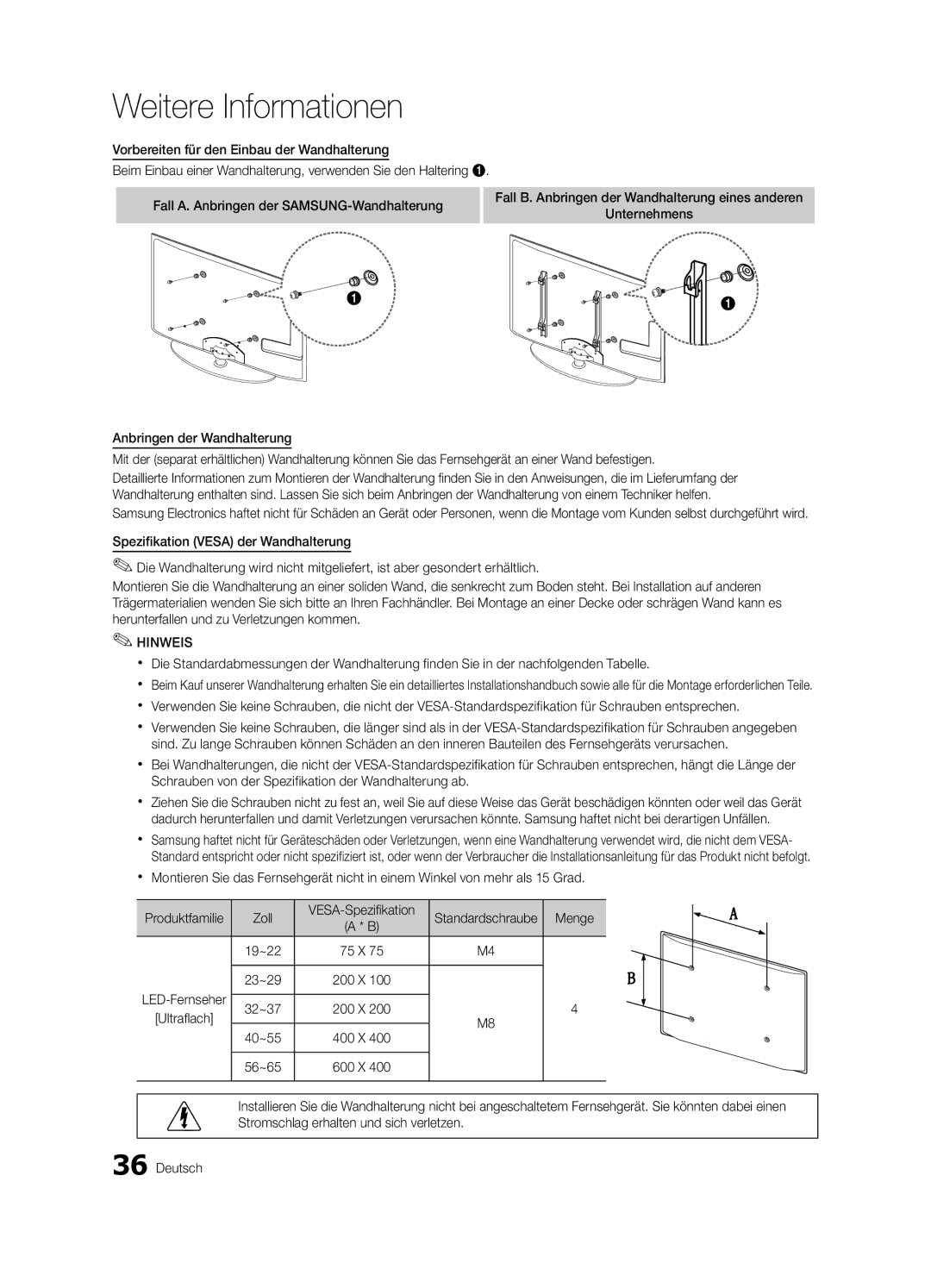 Samsung UE26C4000PWXXC, UE22C4010PWXXN Menge, Fall B. Anbringen der Wandhalterung eines anderen, 40~55 400 X 56~65 600 X 