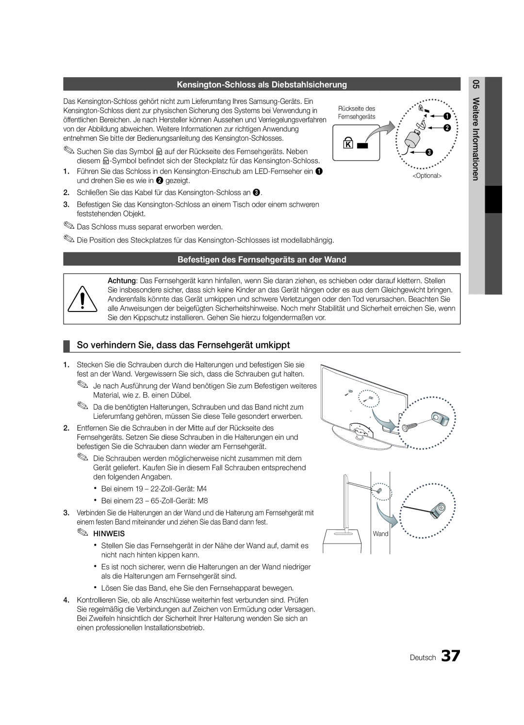 Samsung UE22C4010PWXZT manual So verhindern Sie, dass das Fernsehgerät umkippt, Kensington-Schloss als Diebstahlsicherung 