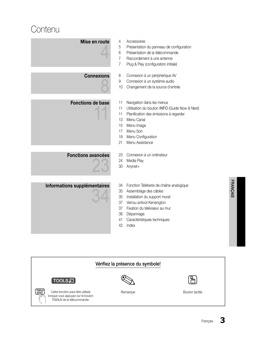 Samsung UE22C4000PWXXN, UE22C4010PWXXN, UE26C4000PWXZG, UE26C4000PWXXN Contenu, Vérifiez la présence du symbole, Remarque 