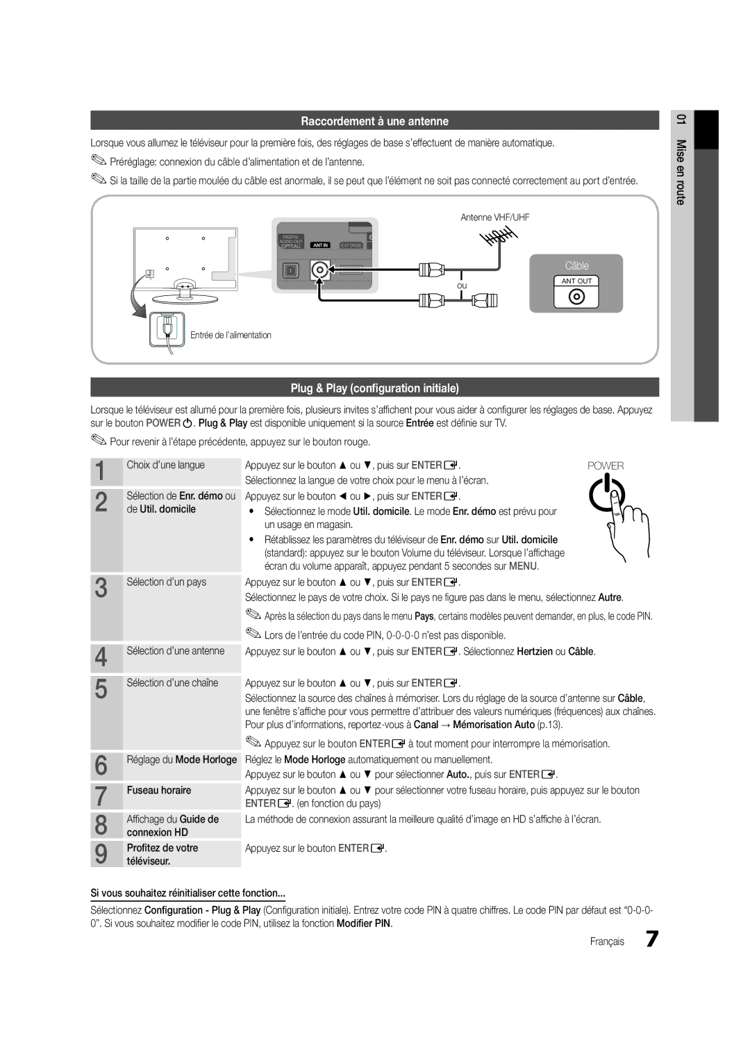 Samsung UE22C4010PWXZT, UE22C4010PWXXN Raccordement à une antenne, Plug & Play configuration initiale, Un usage en magasin 