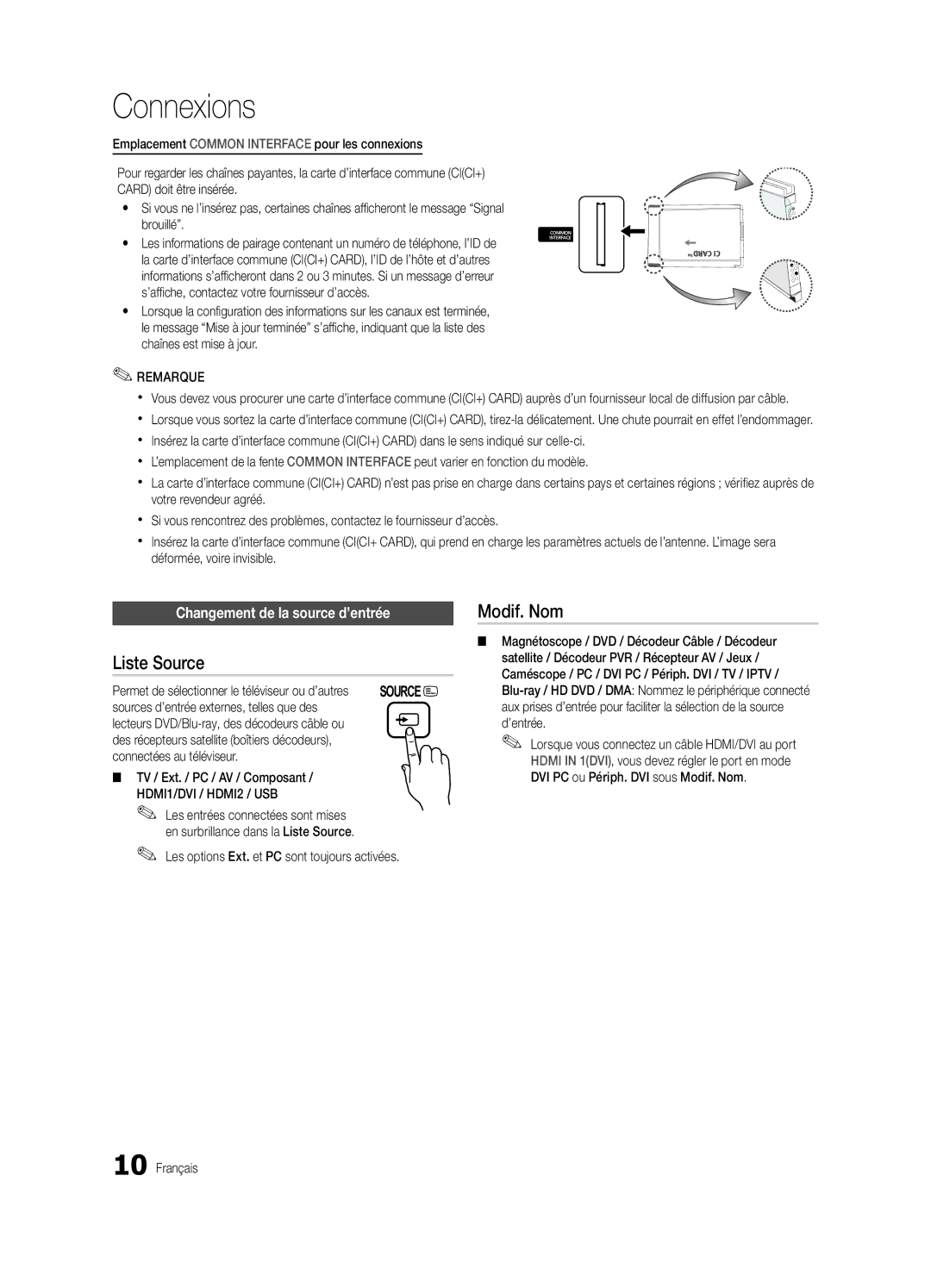 Samsung UE22C4000PWXXH, UE22C4010PWXXN, UE26C4000PWXZG manual Liste Source, Modif. Nom, Changement de la source d’entrée 