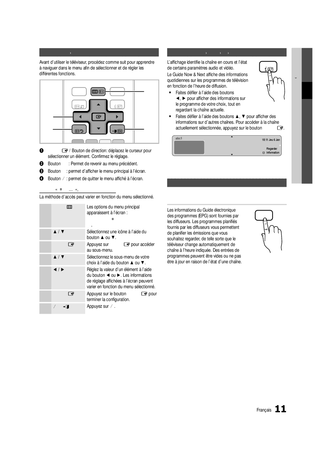 Samsung UE26C4000PWXXH manual Fonctions de base, Navigation dans les menus, Utilisation du bouton Info Guide Now & Next 