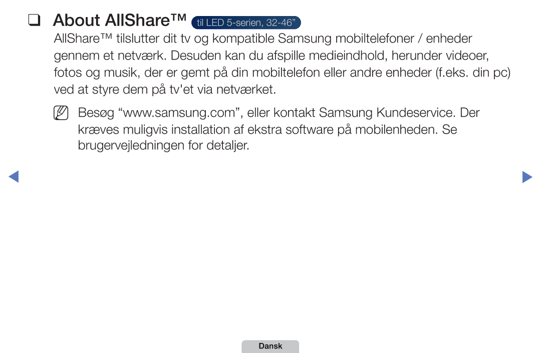 Samsung UE40D5005PWXXE, UE22D5000NHXXC, UE27D5000NHXXC, UE40D5707RKXXE, UE46D5707RKXXE manual About AllShare til LED 5-serien 
