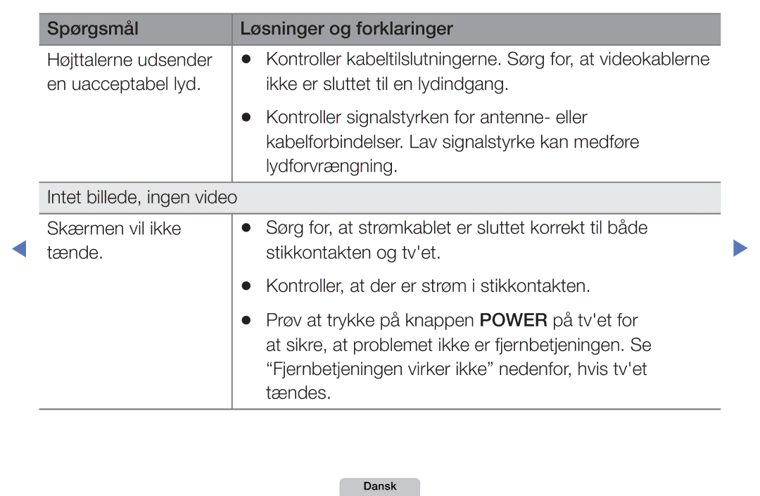 Samsung UE27D5015NWXXE, UE22D5000NHXXC, UE27D5000NHXXC manual Spørgsmål Løsninger og forklaringer Højttalerne udsender 