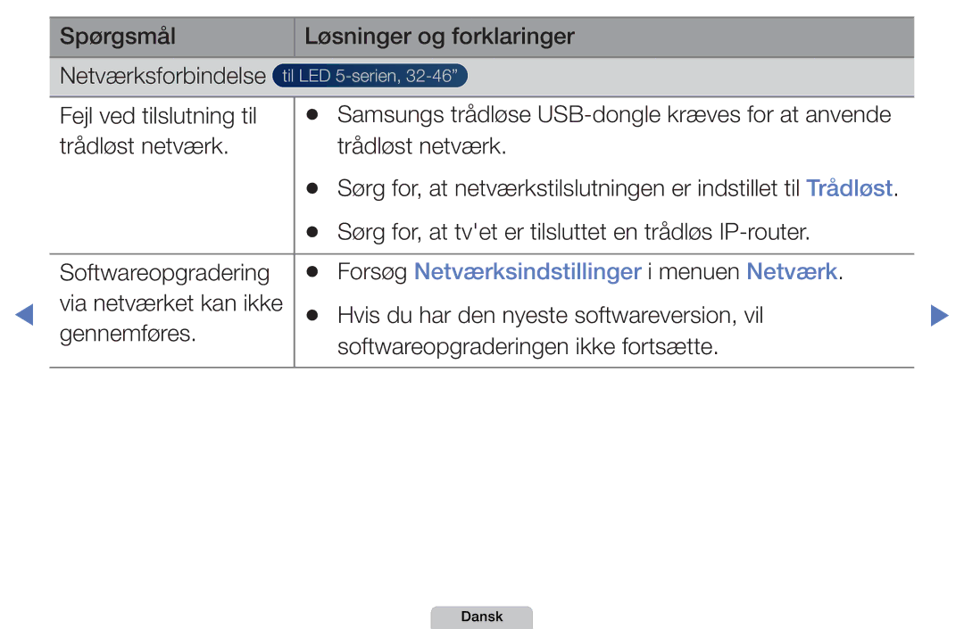 Samsung UE46D5707RKXXE, UE22D5000NHXXC, UE27D5000NHXXC, UE40D5707RKXXE manual Forsøg Netværksindstillinger i menuen Netværk 