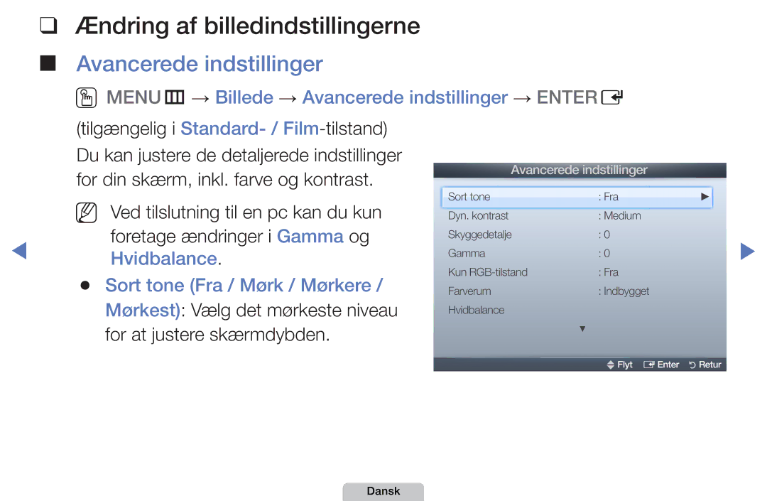 Samsung UE46D5707RKXXE, UE22D5000NHXXC manual Ændring af billedindstillingerne, Avancerede indstillinger, Hvidbalance 