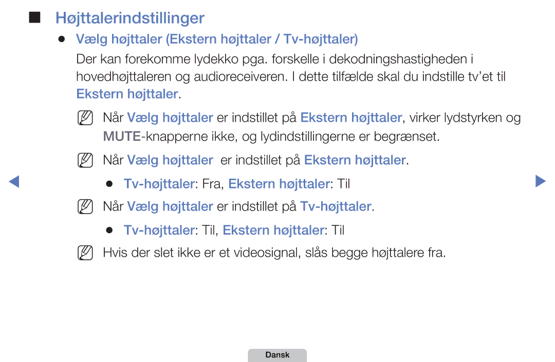 Samsung UE22D5000NHXXC, UE27D5000NHXXC manual Højttalerindstillinger, Vælg højttaler Ekstern højttaler / Tv-højttaler 