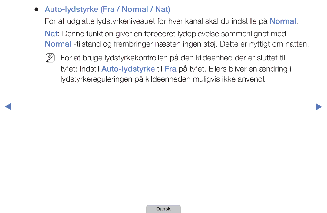 Samsung UE27D5000NHXXC, UE22D5000NHXXC, UE40D5707RKXXE, UE46D5707RKXXE, UE32D5005PWXXE manual Auto-lydstyrke Fra / Normal / Nat 