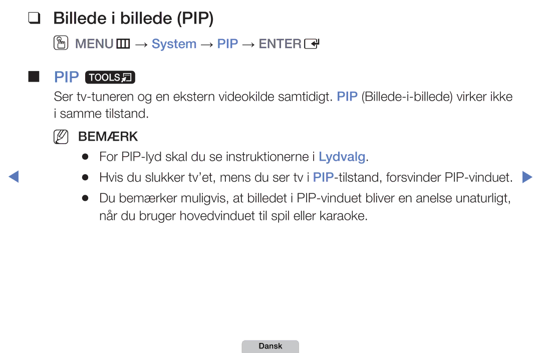 Samsung UE22D5005NWXXE, UE22D5000NHXXC, UE27D5000NHXXC manual Billede i billede PIP, PIP t, OOMENUm → System → PIP → Entere 