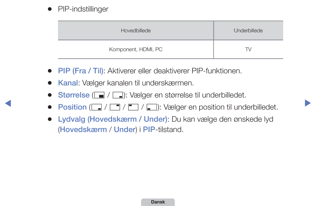 Samsung UE32D5727RKXXE, UE22D5000NHXXC, UE27D5000NHXXC, UE40D5707RKXXE, UE46D5707RKXXE manual Hovedskærm / Under i PIP-tilstand 