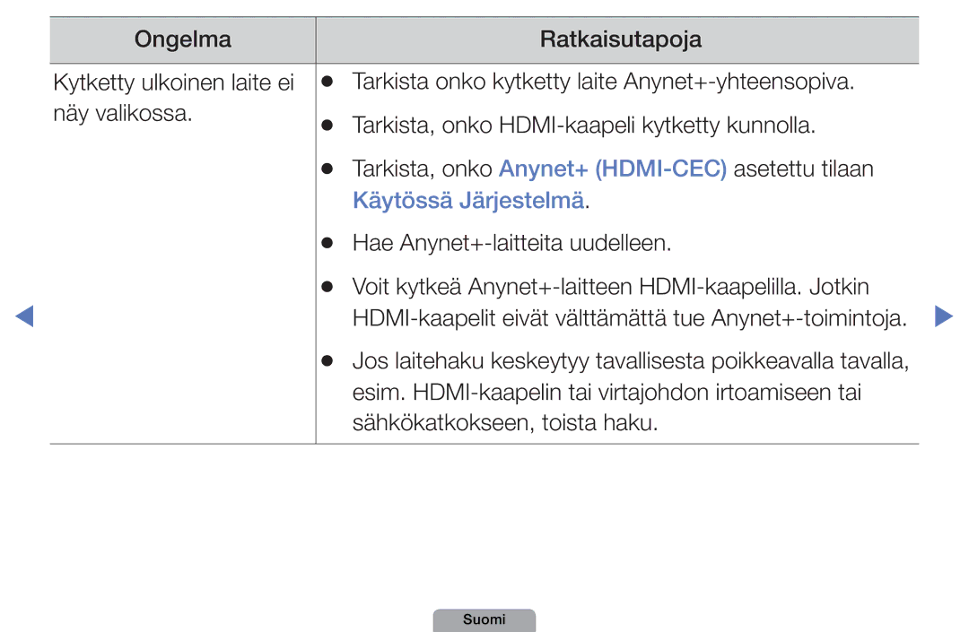 Samsung UE37D5005PWXXE manual Hae Anynet+-laitteita uudelleen, Voit kytkeä Anynet+-laitteen HDMI-kaapelilla. Jotkin 