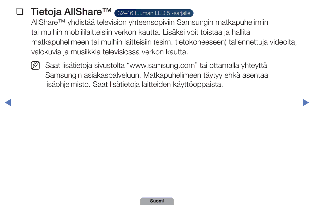 Samsung UE40D5005PWXXE, UE22D5000NHXXC, UE27D5000NHXXC, UE40D5707RKXXE manual Tietoja AllShare 32-46 tuuman LED 5 -sarjalle 