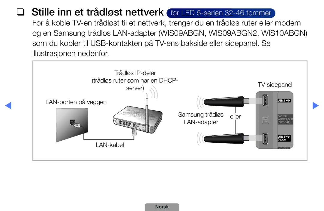 Samsung UE32D4015NWXXE, UE22D5000NHXXC, UE27D5000NHXXC manual Stille inn et trådløst nettverk for LED 5-serien32-46 tommer 