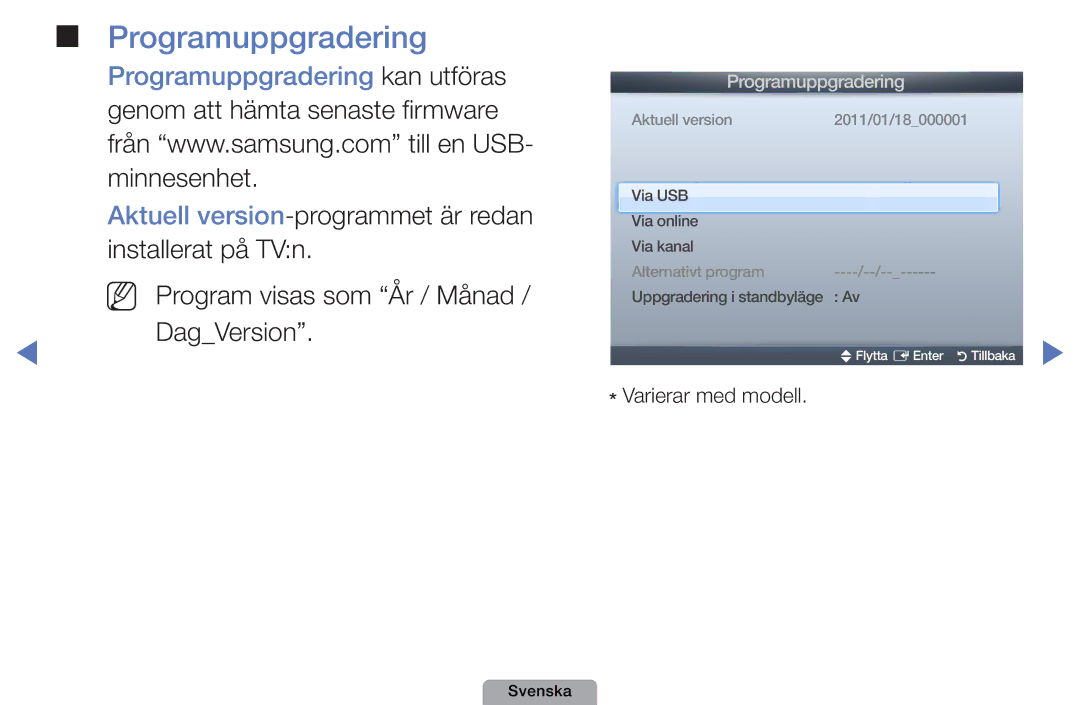 Samsung UE22D5005NWXXE, UE22D5000NHXXC manual Programuppgradering, Aktuell version-programmet är redan installerat på TVn 