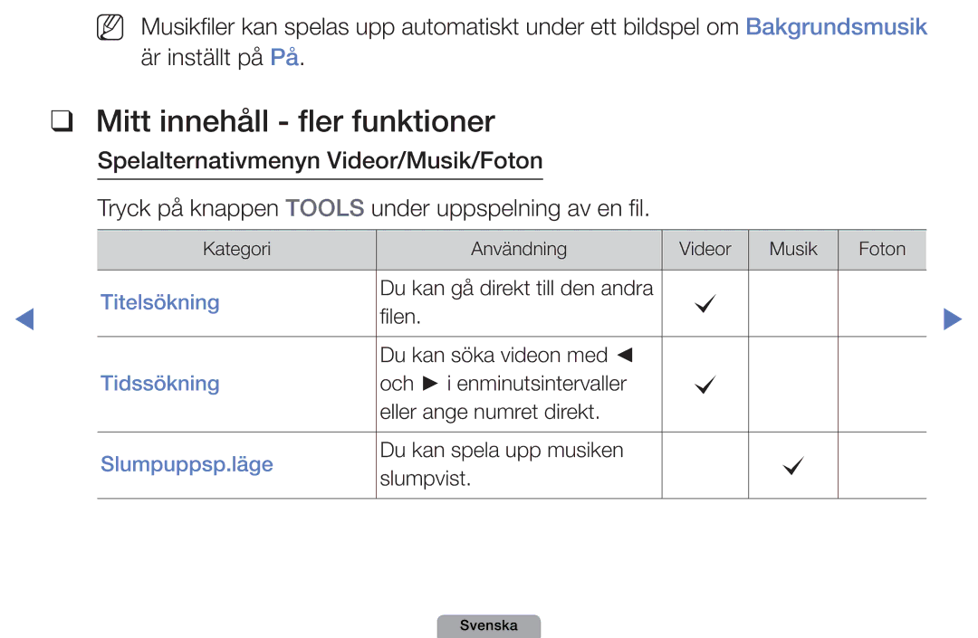 Samsung UE32D4015NWXXE, UE22D5000NHXXC, UE27D5000NHXXC, UE40D5707RKXXE, UE46D5707RKXXE manual Mitt innehåll fler funktioner 