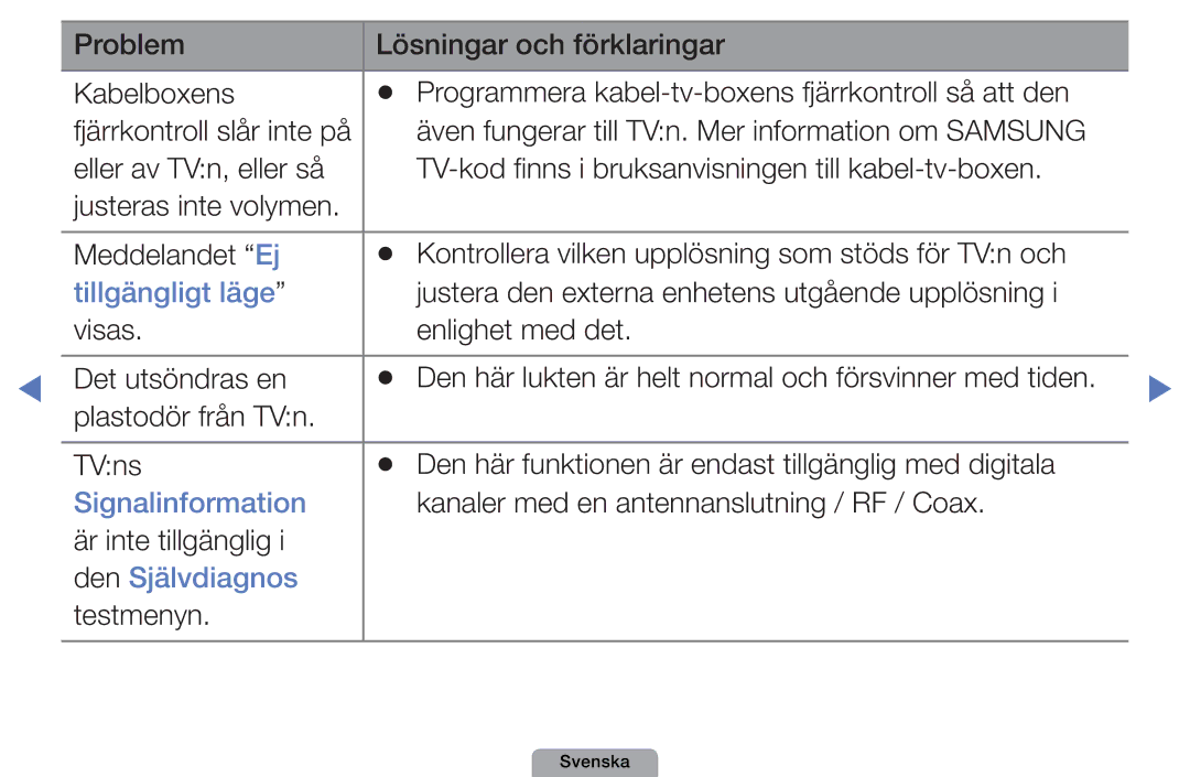 Samsung UE22D5005NWXXE, UE22D5000NHXXC, UE27D5000NHXXC, UE40D5707RKXXE manual Signalinformation, Den Självdiagnos, Testmenyn 