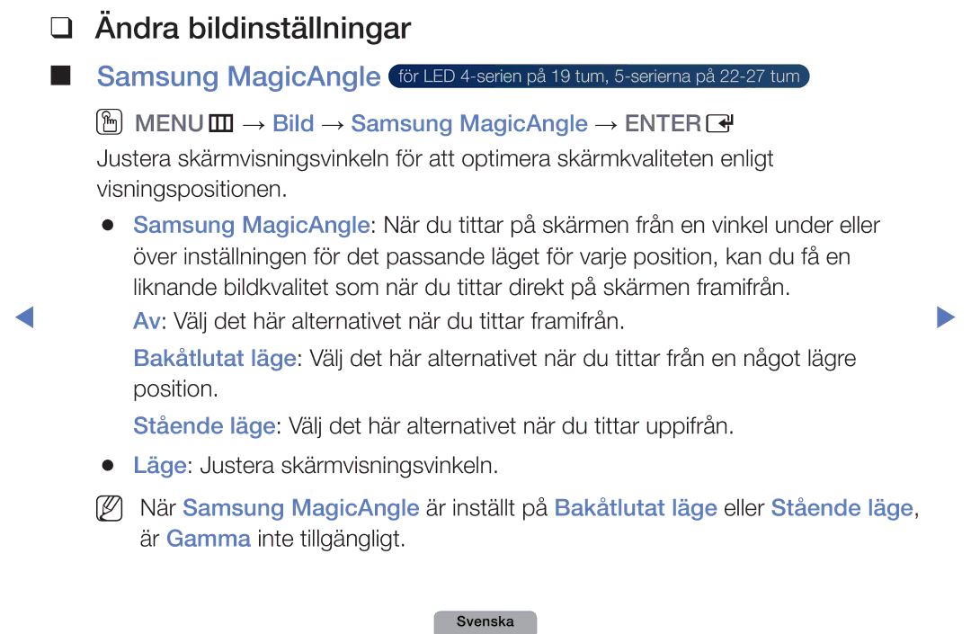 Samsung UE22D5015NWXXE, UE22D5000NHXXC manual Ändra bildinställningar, OOMENUm → Bild → Samsung MagicAngle → Entere 