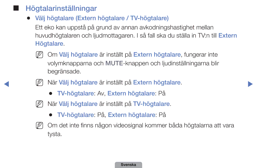 Samsung UE22D5000NHXXC, UE27D5000NHXXC Högtalarinställningar, Välj högtalare Extern högtalare / TV-högtalare, Högtalare 