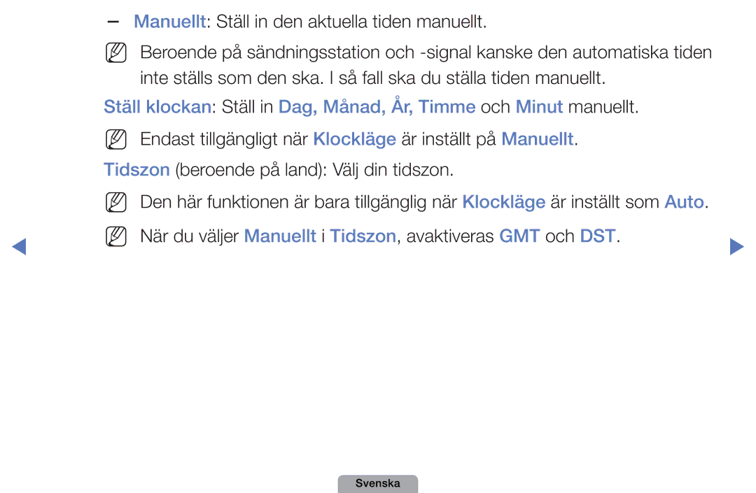 Samsung UE40D5005PWXXE, UE22D5000NHXXC, UE27D5000NHXXC, UE40D5707RKXXE manual Manuellt Ställ in den aktuella tiden manuellt 