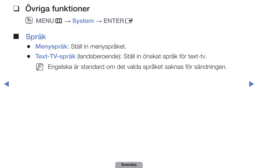 Samsung UE46D5005PWXXE, UE22D5000NHXXC, UE27D5000NHXXC manual Övriga funktioner, Språk, Menyspråk Ställ in menyspråket 
