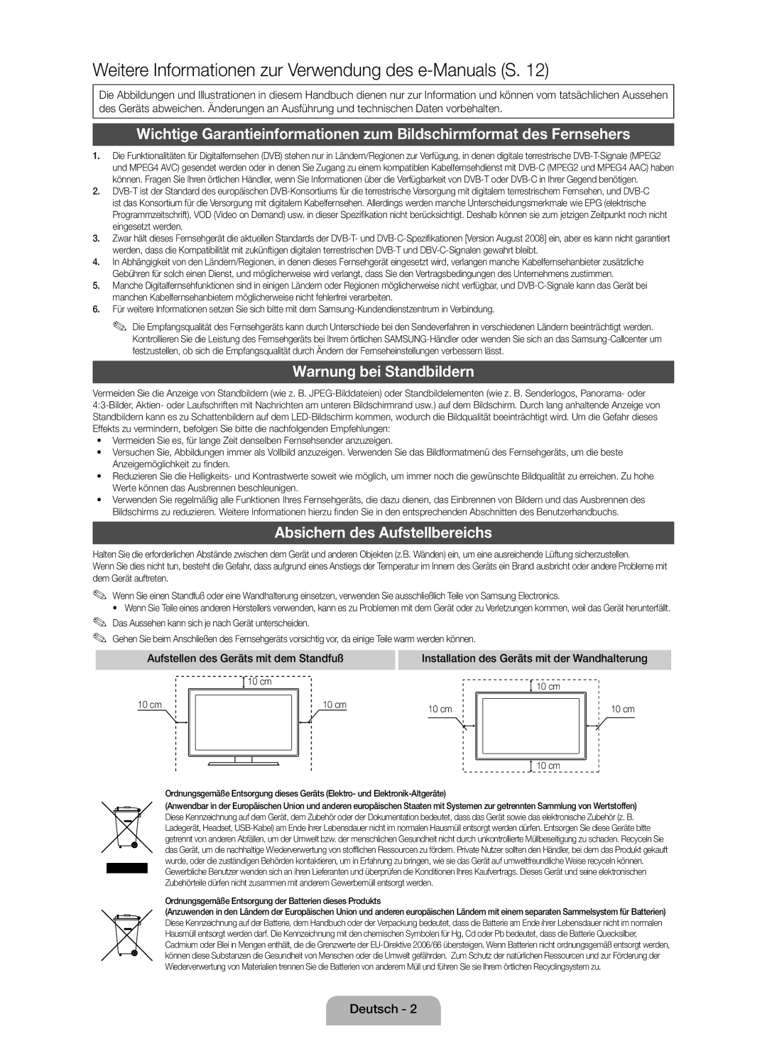 Samsung UE27D5010NWXXN Warnung bei Standbildern, Absichern des Aufstellbereichs, Aufstellen des Geräts mit dem Standfuß 