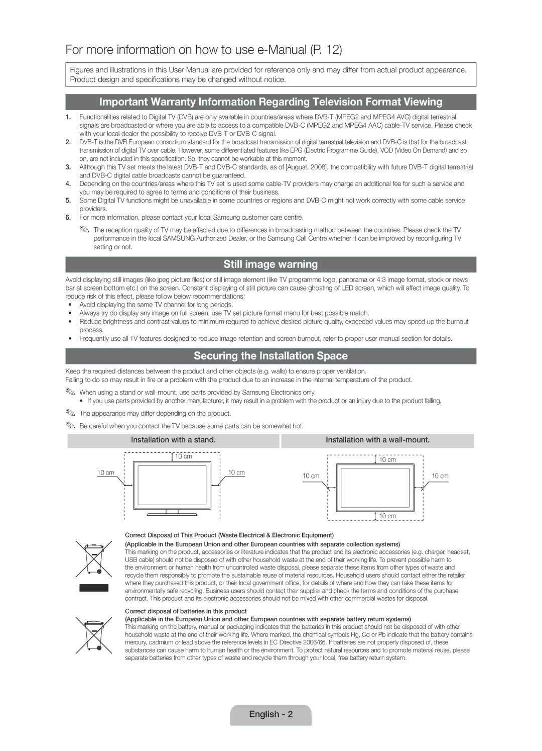 Samsung UE22D5000NWXZG manual Still image warning, Securing the Installation Space, Installation with a stand, 10 cm 