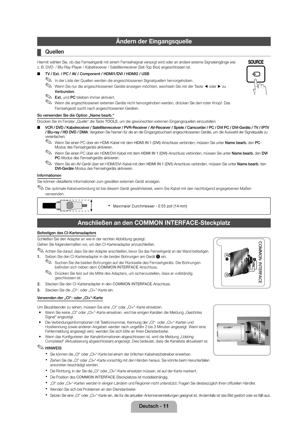 Samsung UE27D5010NWXZG, UE22D5000NWXXN Ändern der Eingangsquelle, Anschließen an den Common INTERFACE-Steckplatz, Quellen 