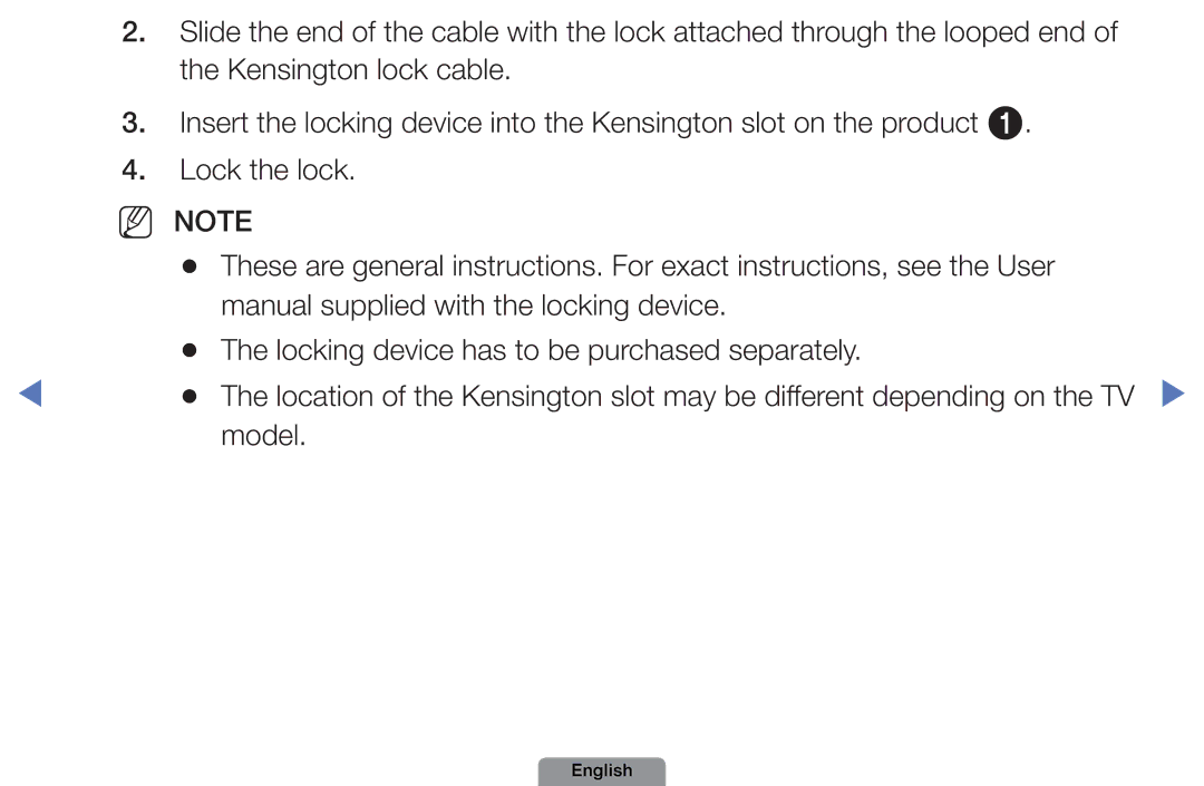 Samsung UE40D5003BWXXH, UE22D5003BWXXN, UE32D4003BWXXH, UE26D4003BWXZG manual Manual supplied with the locking device 